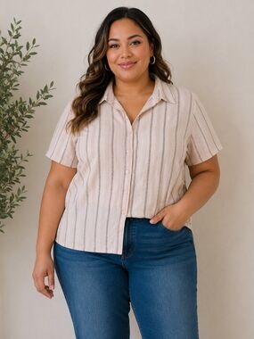 Adrienne Vittadini Cream and Gray Vertical-Striped Short Sleeve Button Shirt